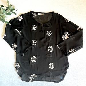 Women’s Black Chiffon Shirt Embroidered Stitched Long Sleeve Split Collar